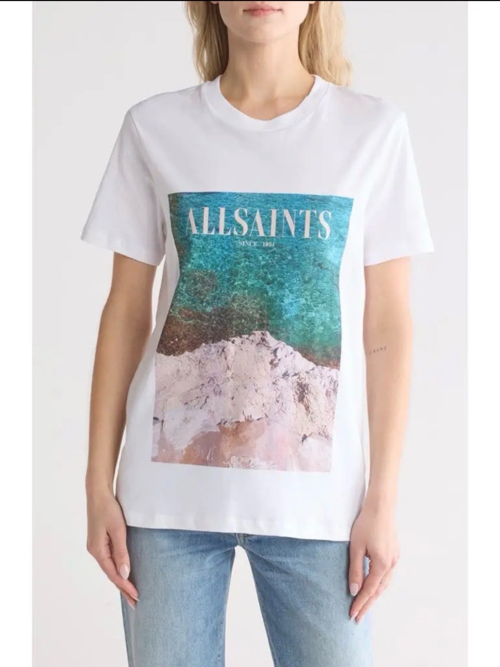 All Saints White Tee with Teal and Pink Beach Graphic
